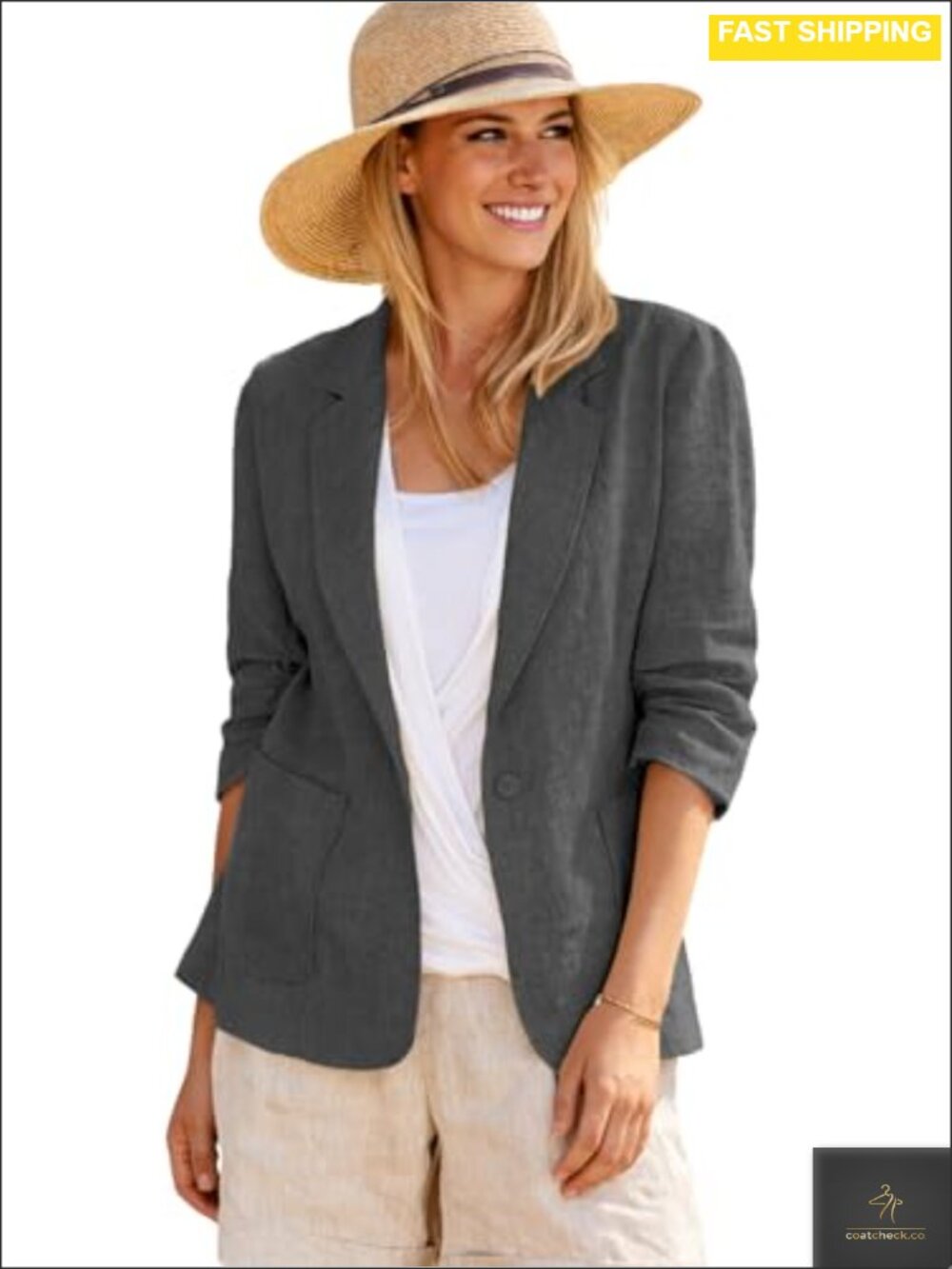 Linen Blend Lightweight Blazer 3/4 Ruched Sleeve Business Casual Work Jacket